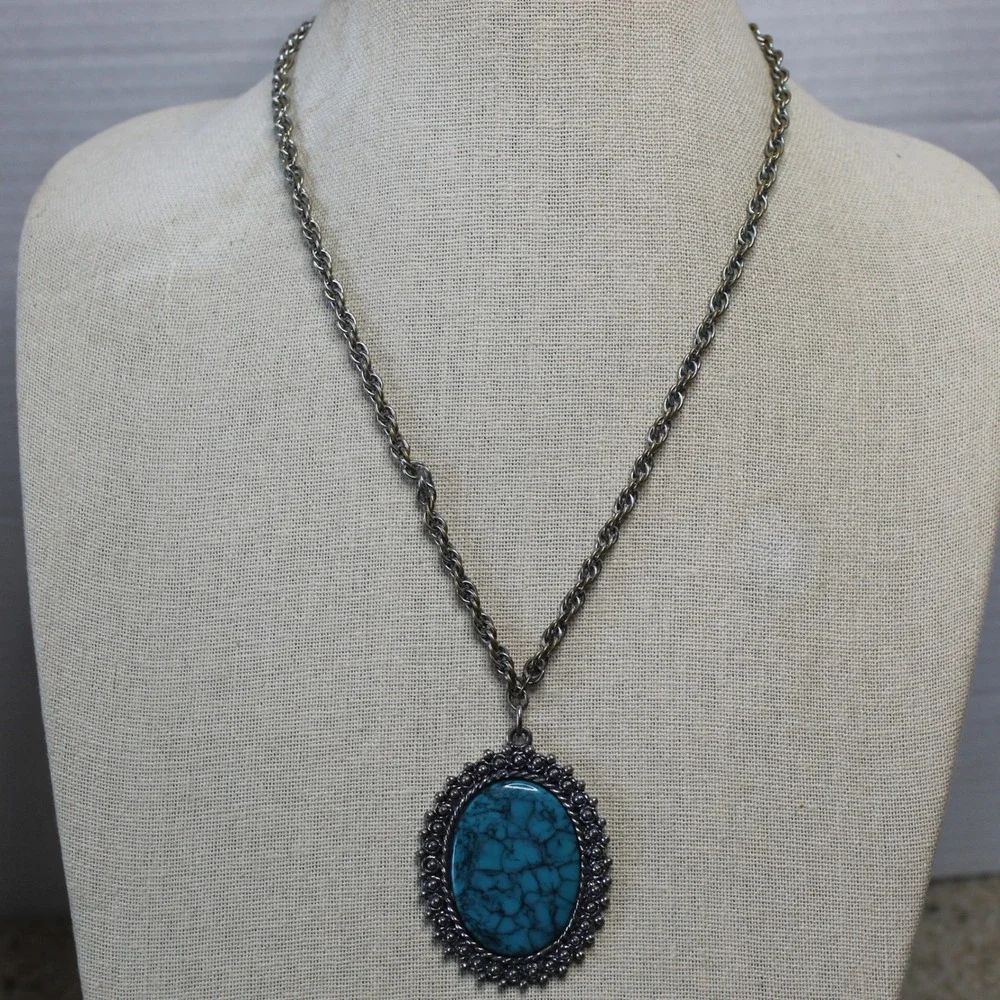 Pancrest Necklace Turquoise Faux Cabochon Pendant 20in Silver Tone Boho Vintage